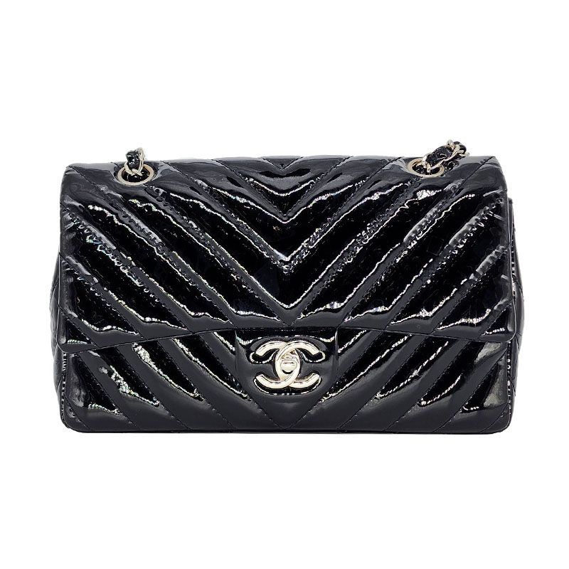 CHANEL Black Chevron Quilted Patent Medium Classic Bag #13
