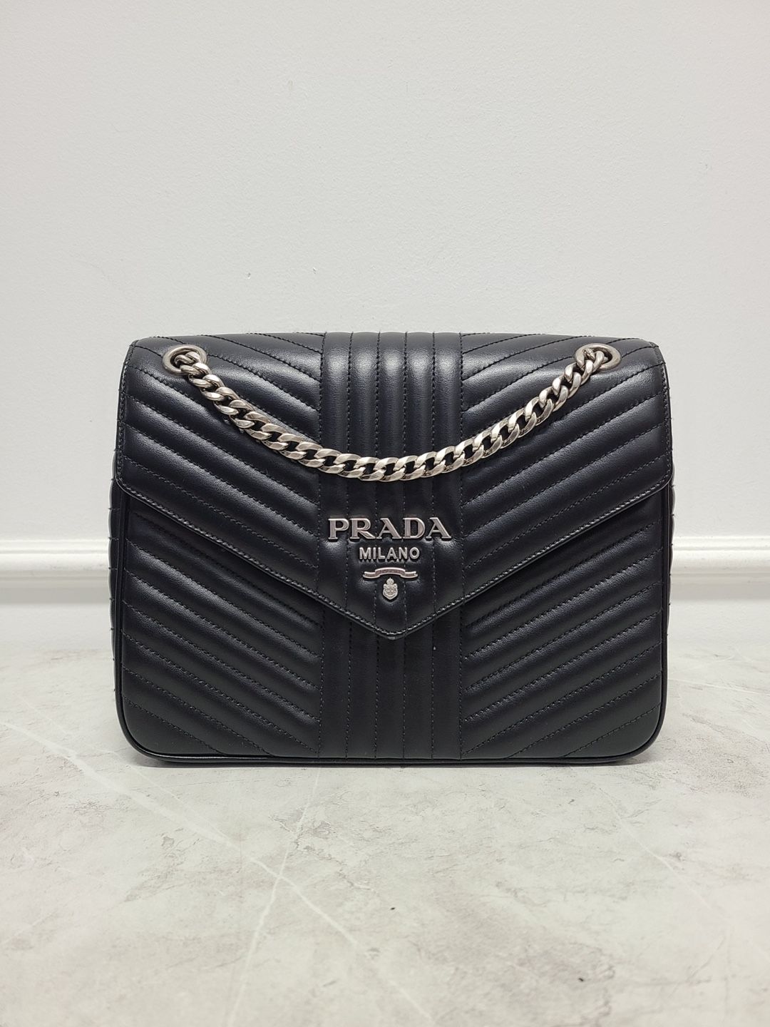 Prada Black Diagram Soft Chain Shoulder Bag SKU OS
