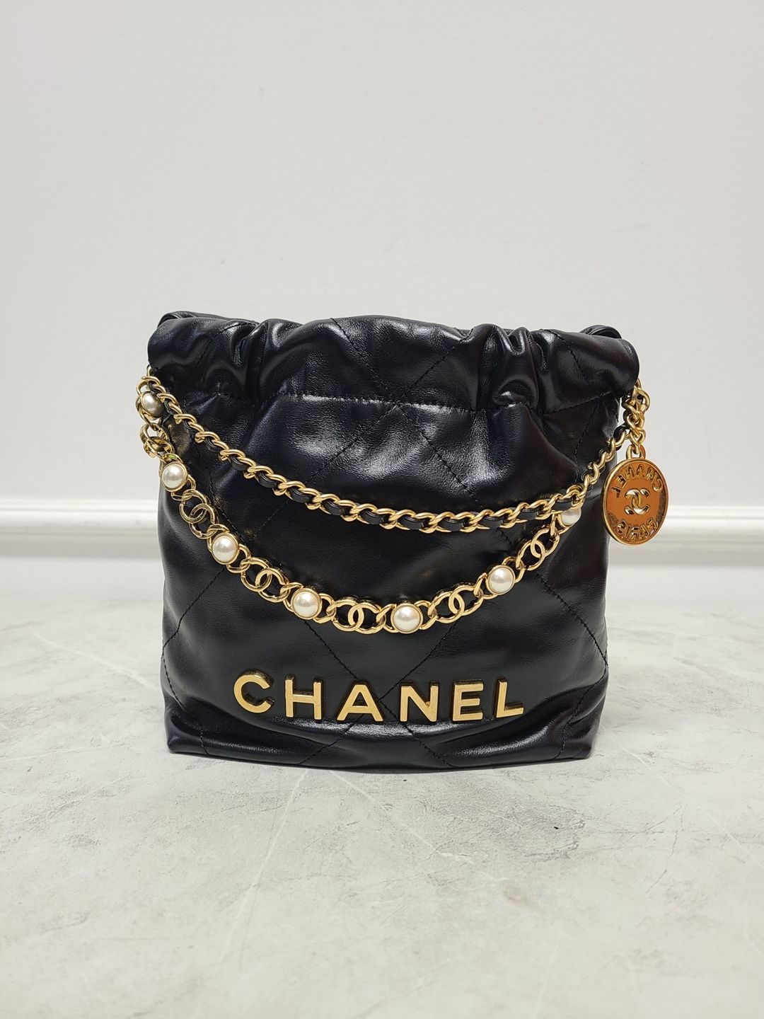 CHANEL Black Gold Calfskin Pearl 22 Bag Mini SKU
