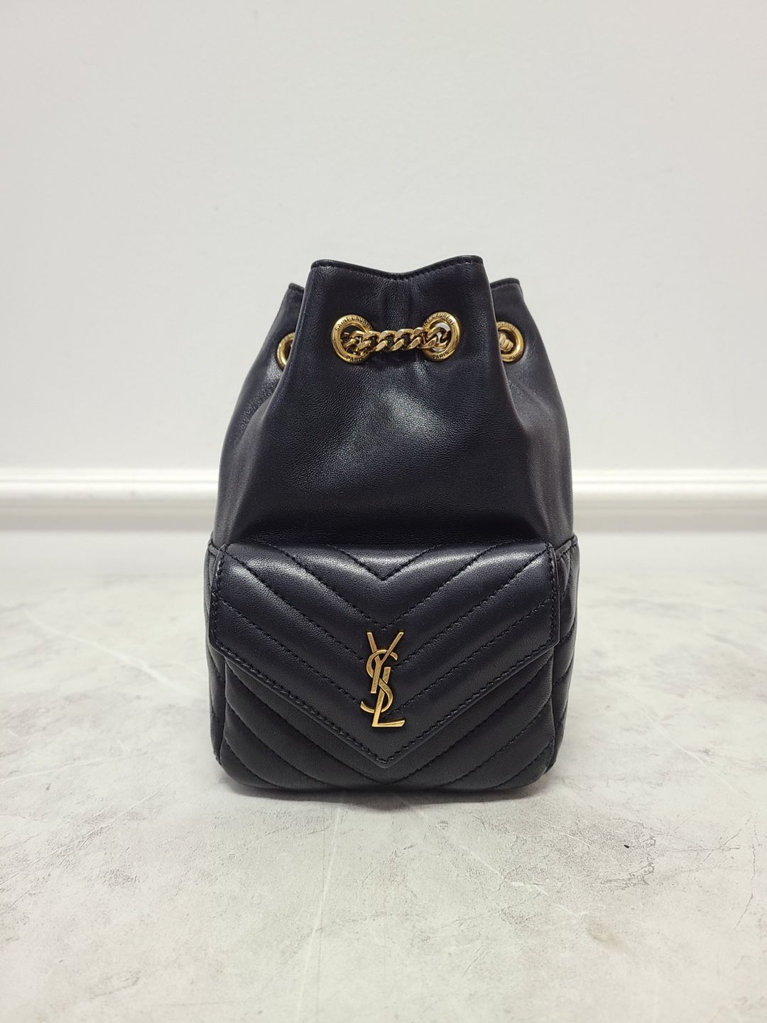 Saint Laurent Black Lambskin Gold Chain Mini Bucket Bag JOE - SKU12345