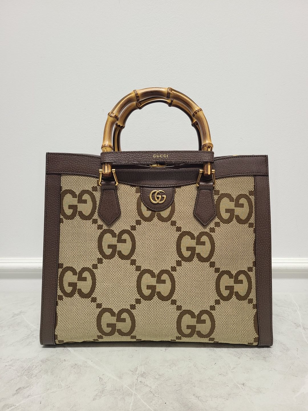 Gucci Brown Jumbo GG Canvas Diana Snake Top Handle Tote Shoulder Bag SKU: OS