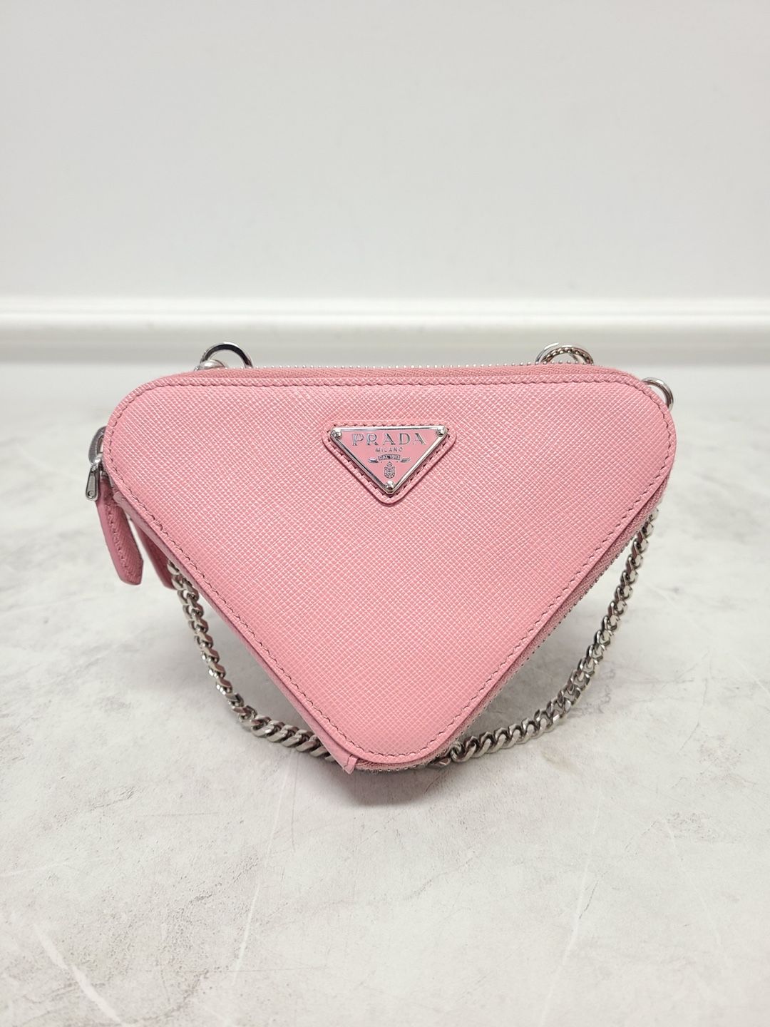 Prada Pink Saffiano Triangle Leather Crossbody Mini Bag - SKU