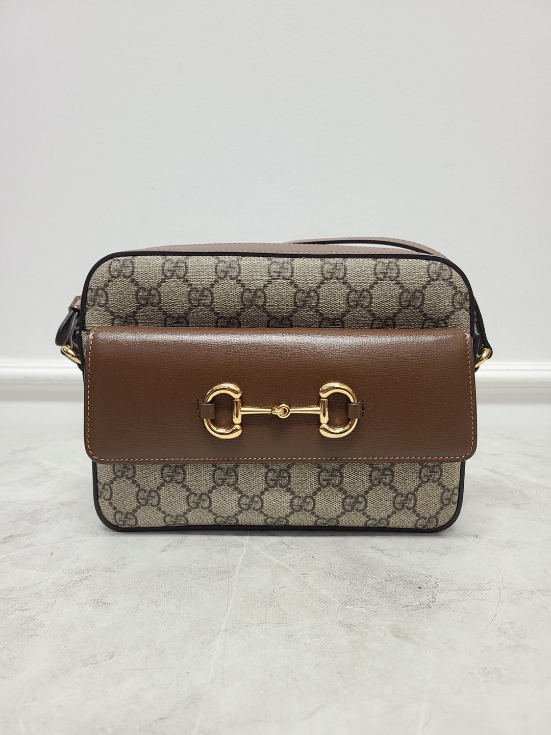Gucci Brown GG Supreme 1955 Horsebit Small Shoulder Bag - SKU 1955