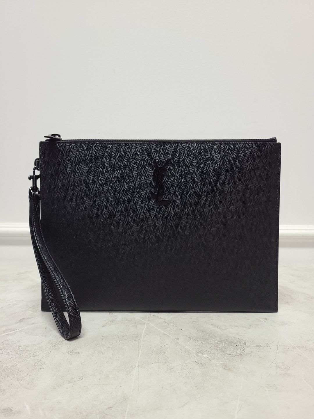 Saint Laurent Black YSL Monogram Leather Strap Clutch Bag - SKU12345