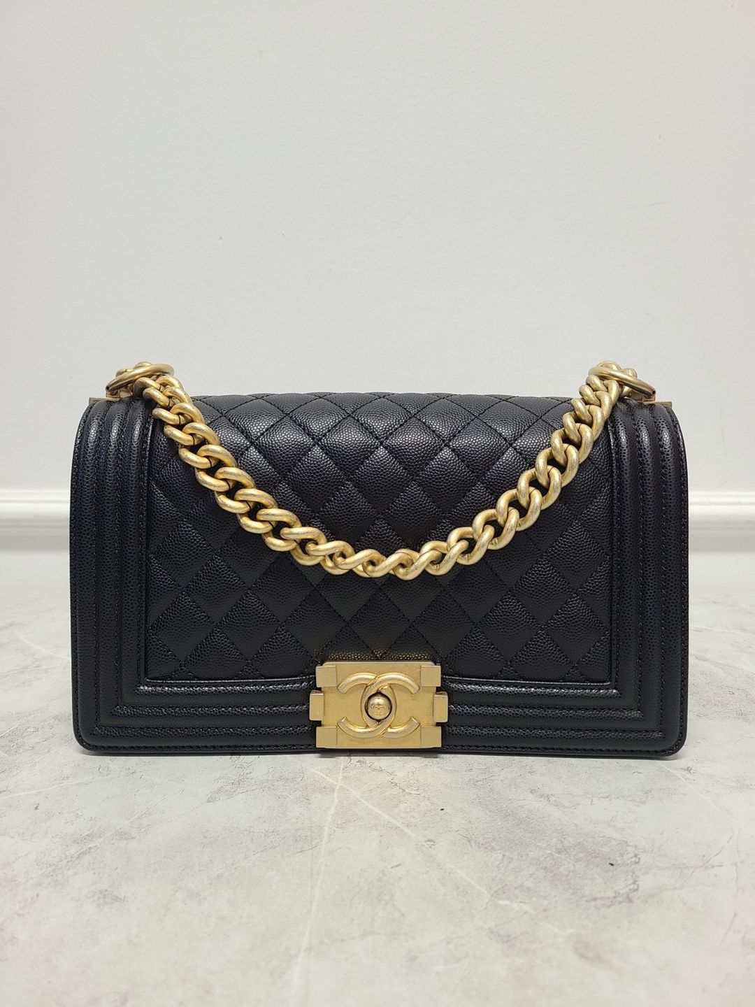 CHANEL Black Caviar Vintage Gold Boy Bag Medium 30 Series SKU