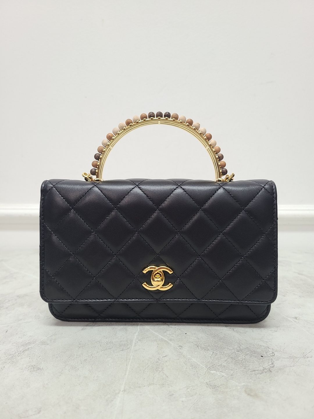CHANEL Black Top Handle Lambskin Mini Pearl Chain Crossbody Bag - SKU: OS