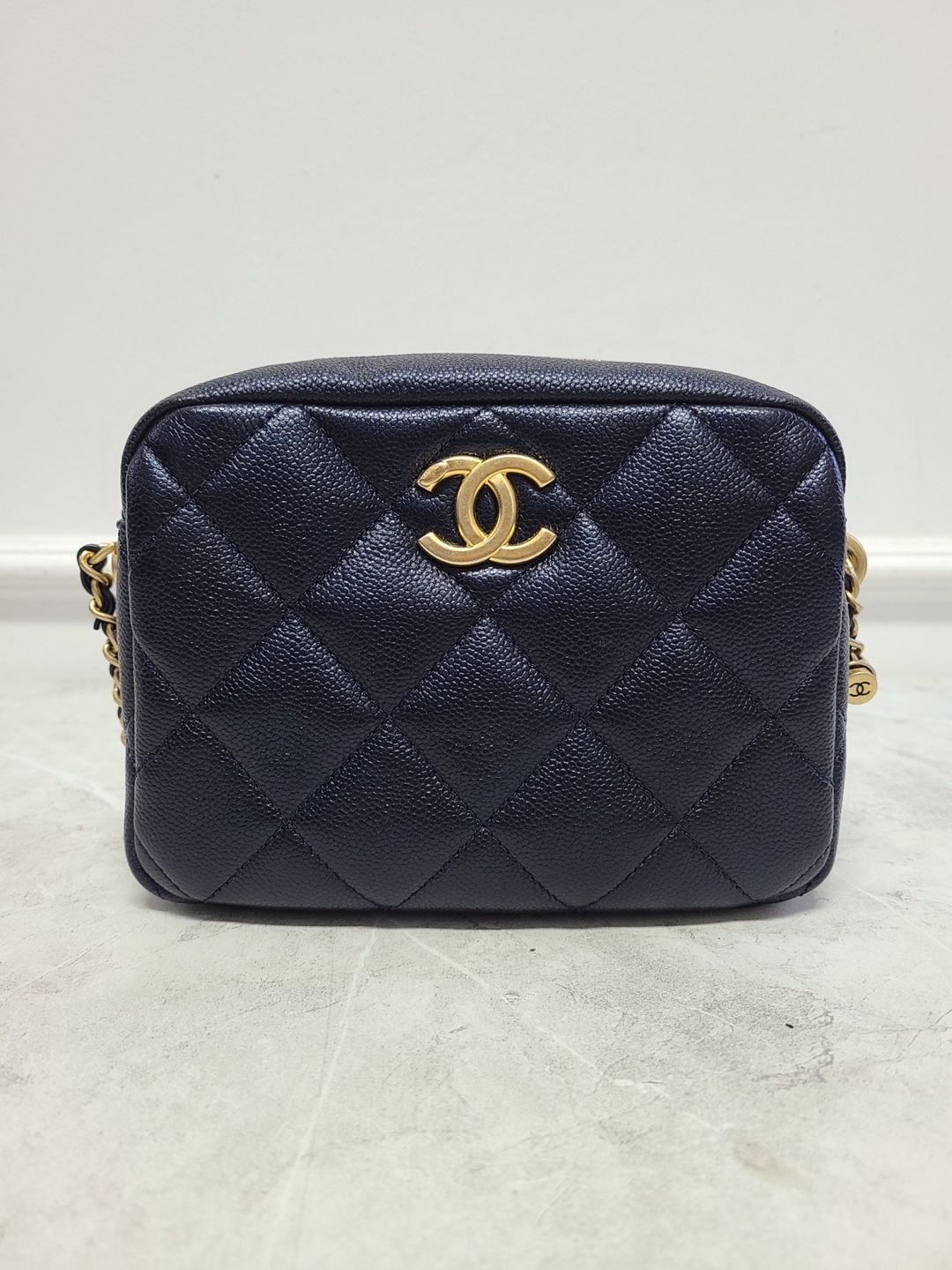 CHANEL Navy Caviar Antique Gold Perfect Camera Bag with Embedded Chip SKU