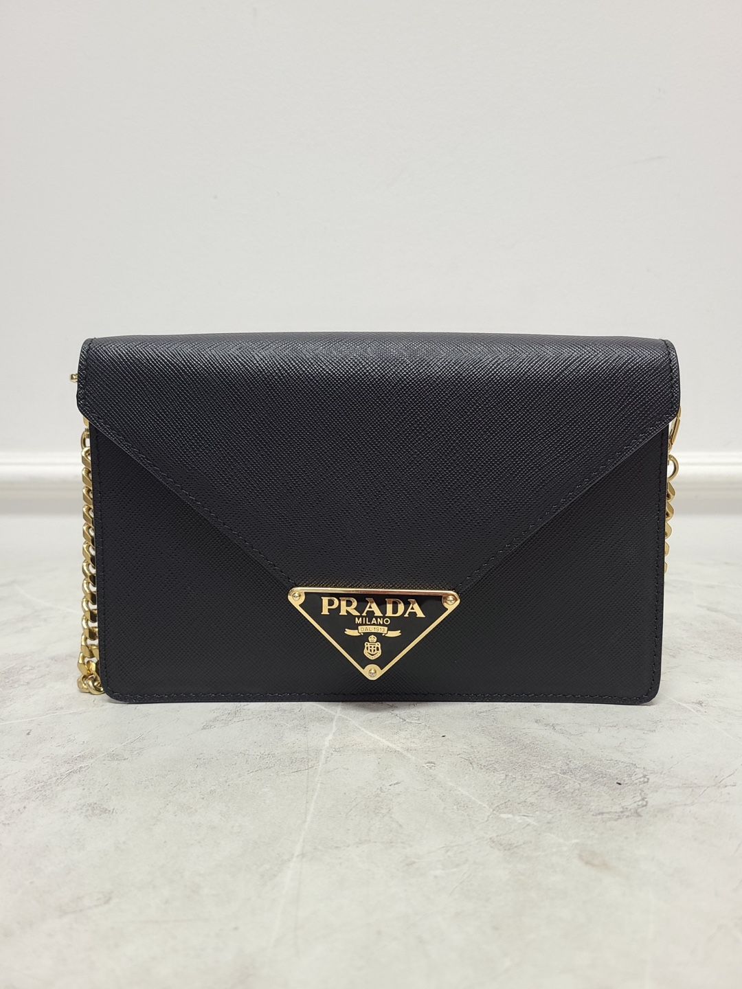 Prada Black Saffiano Gold Triangle Logo Chain Shoulder Bag - SKU