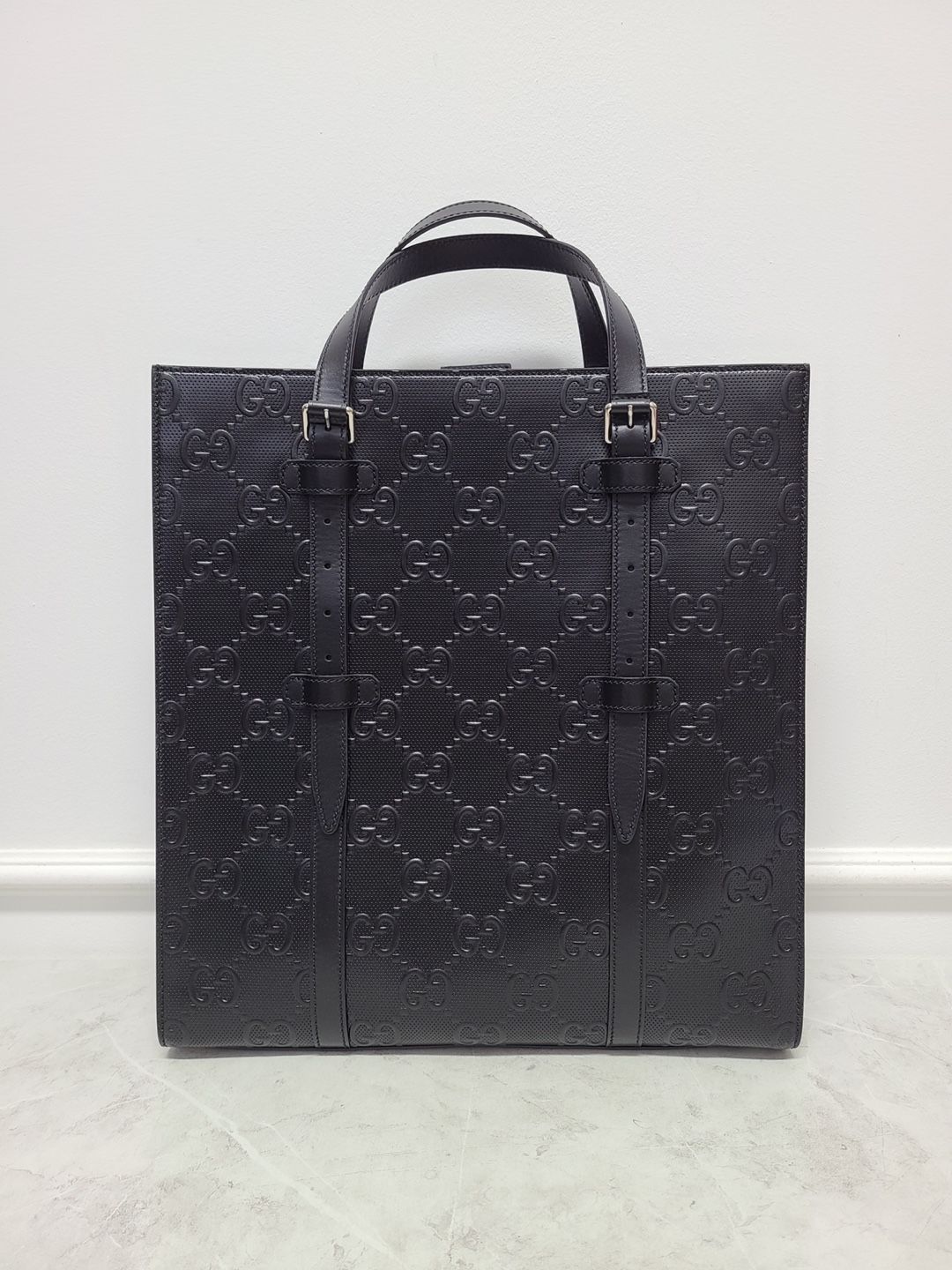 Gucci Black GG Embossed Leather Medium Tote Bag SKU