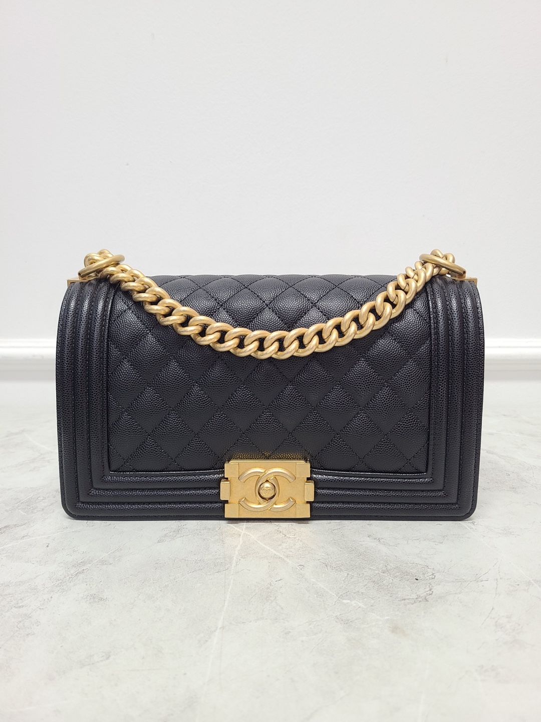 CHANEL Black Caviar Gold Boy Bag Medium Embedded Chip SKU123