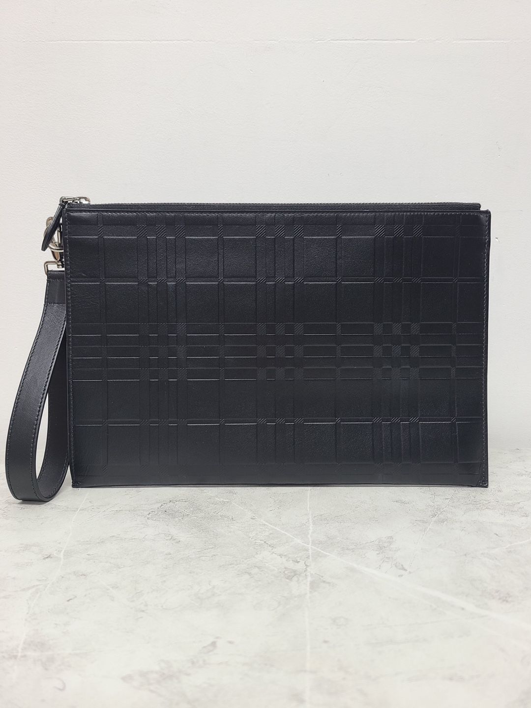 Burberry Black Embossed Check Leather Strap Clutch Bag SKU: OS