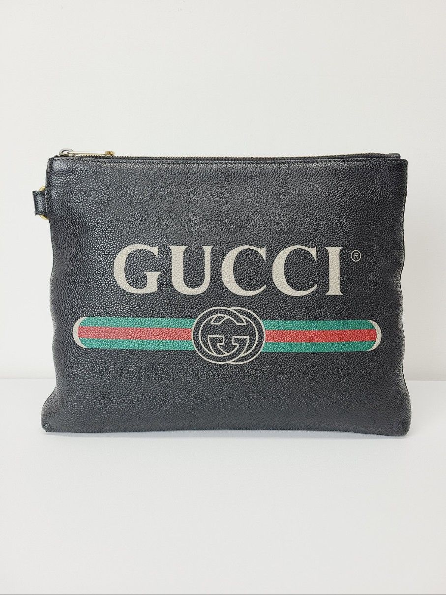 Gucci Black Logo Strap Leather Clutch Bag - SKU