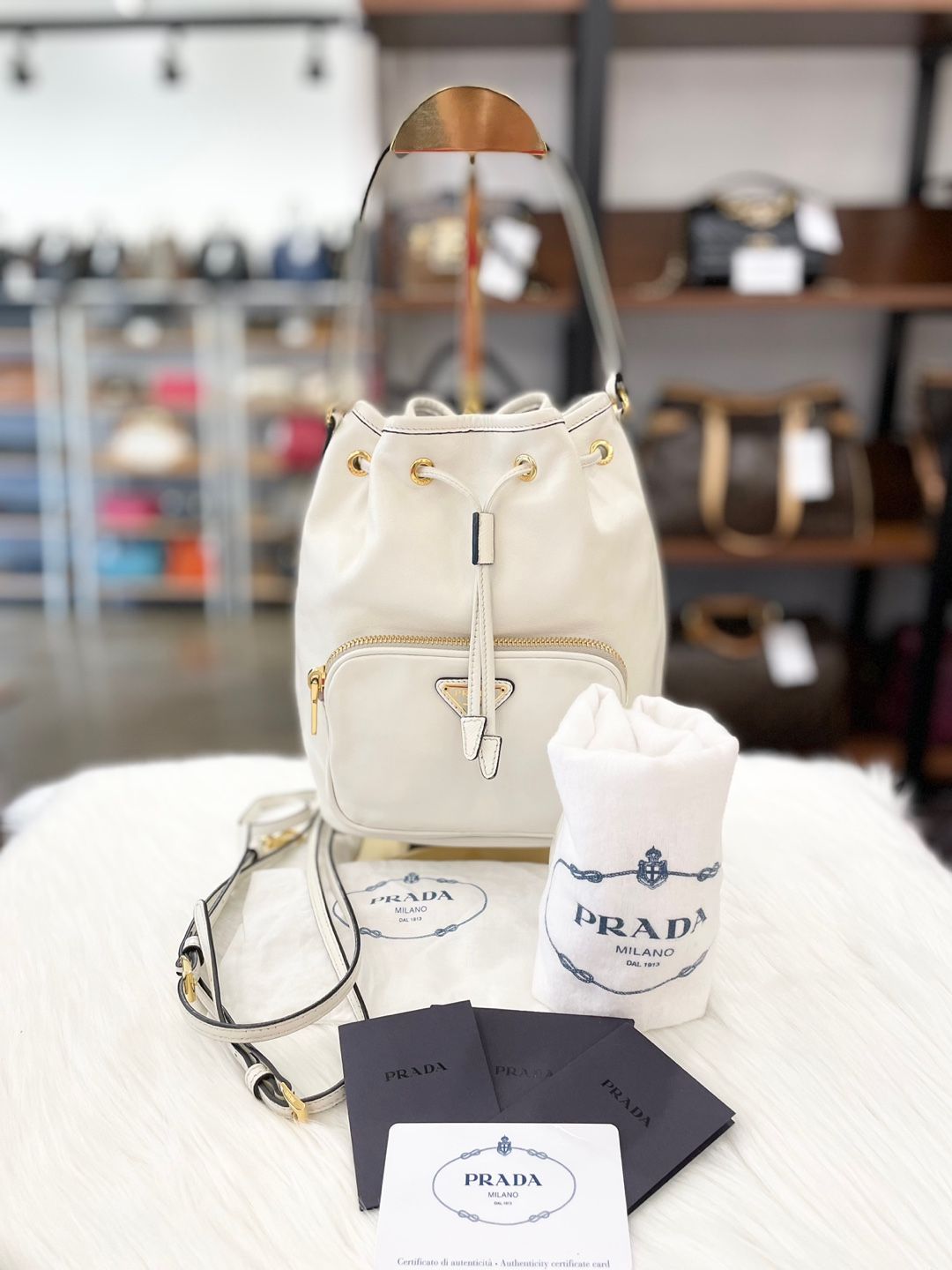 Prada Duet Bucket Bag White Leather (1BH038)