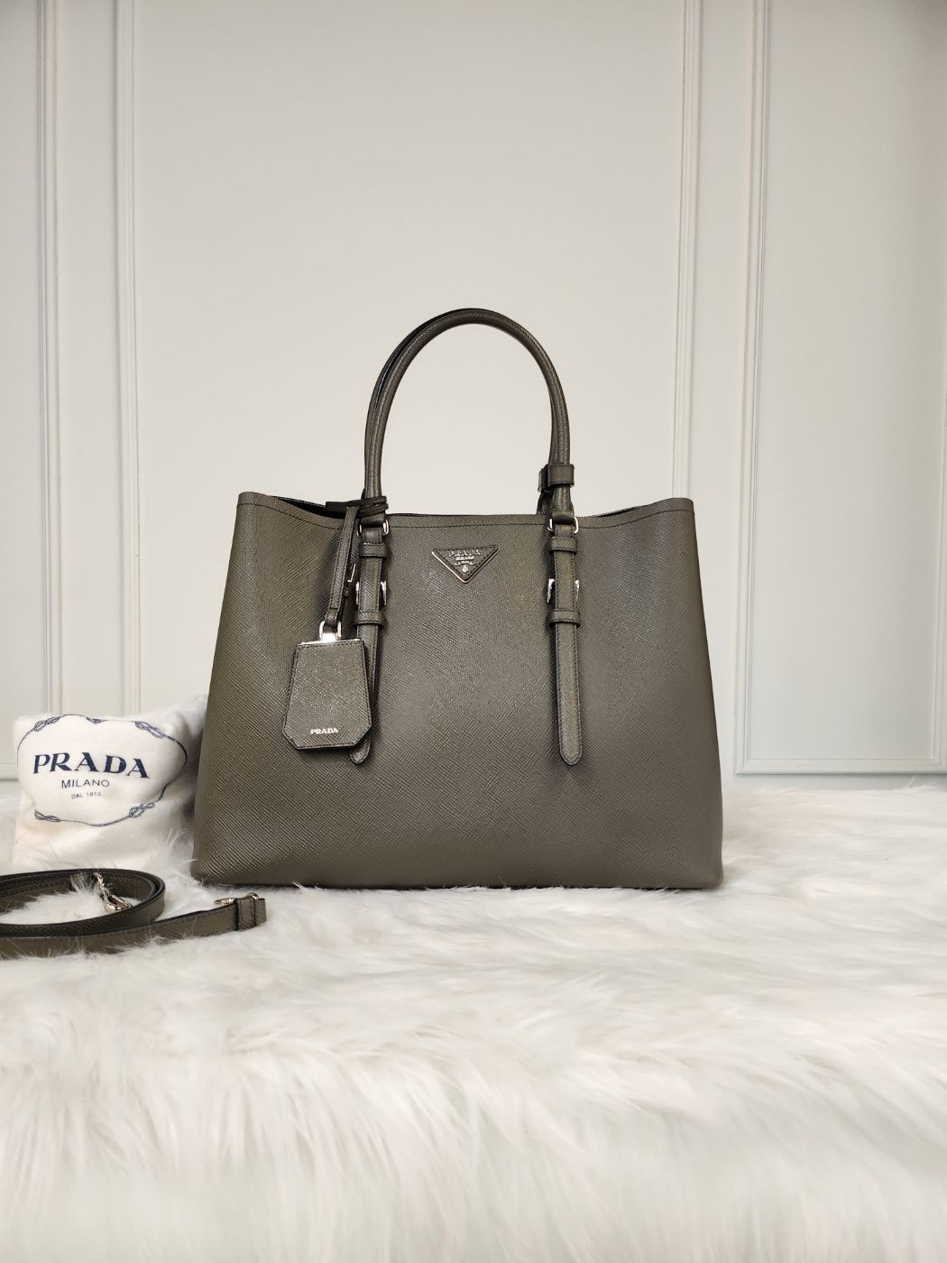 Prada Saffiano Khaki Gray Double Tote Bag (BN2820) A Condition