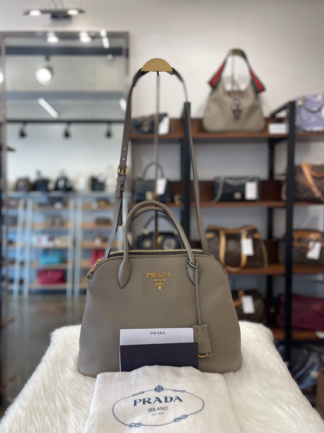Prada Dino Tote Bag Light Gray (1BA264) A+ Condition