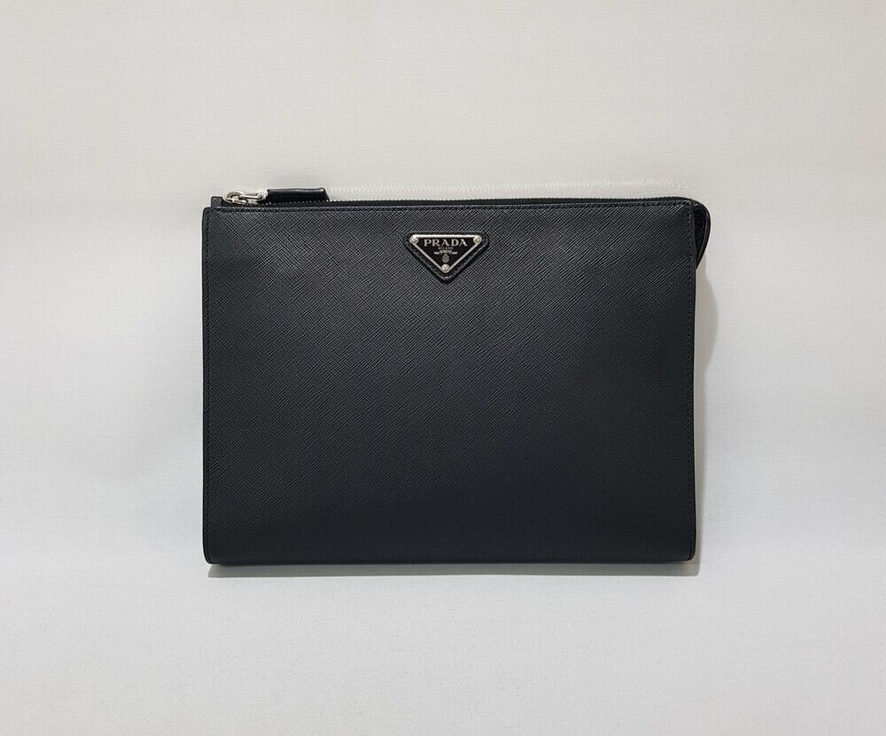 Prada Men's Safiano Triangular Logo Clutch Bag 2VF030