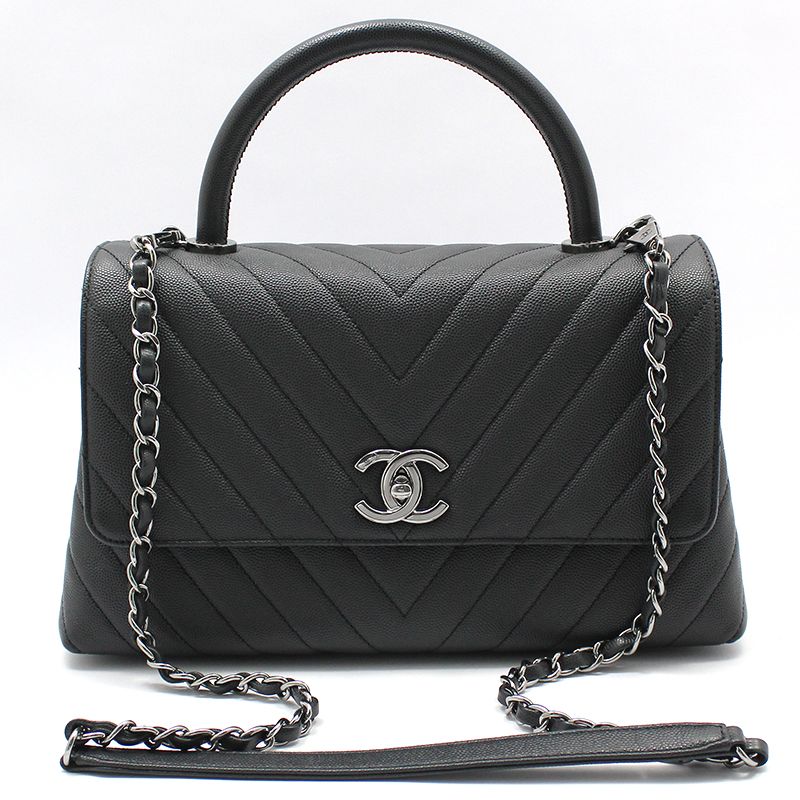 CHANEL Dark Gray Chevron Caviar Coco Handle 28 Medium Shoulder Bag A92991