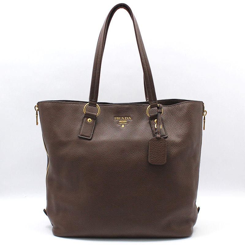 Prada Brown Vitello Daino Gold Logo Shoulder Bag 1BG372