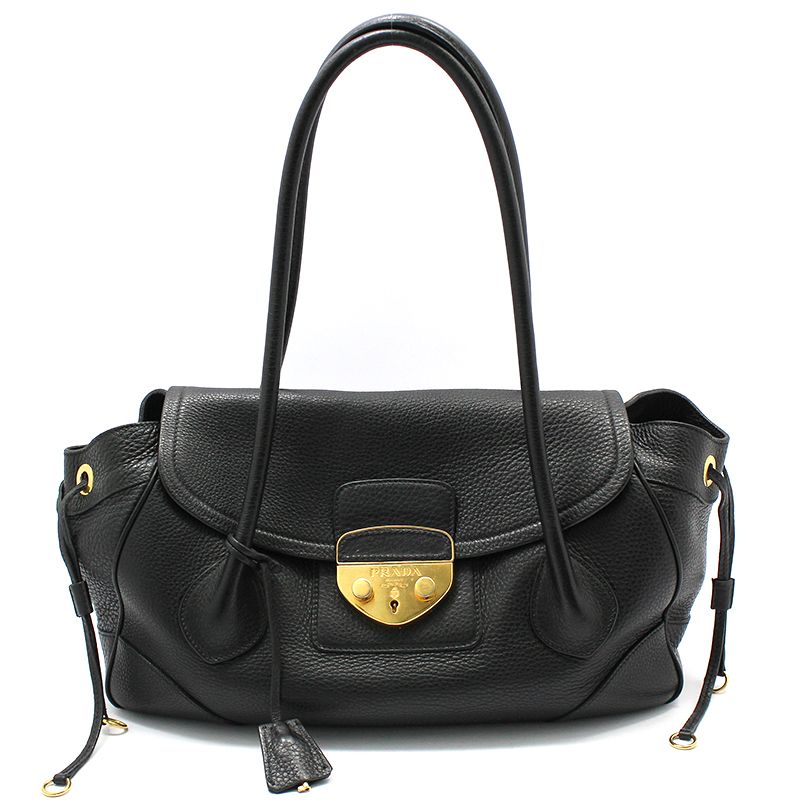 Prada Black Vitello Daino Stripe Gold Logo Shoulder Bag SKU