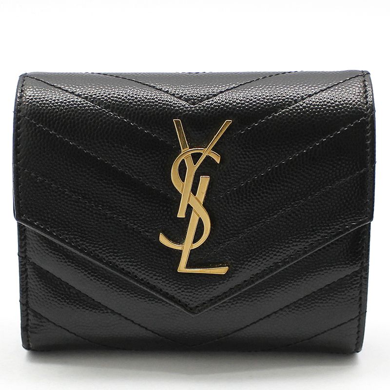 Saint Laurent Black Matelasse Gold Monogram Compact 3-Tier Wallet 403943