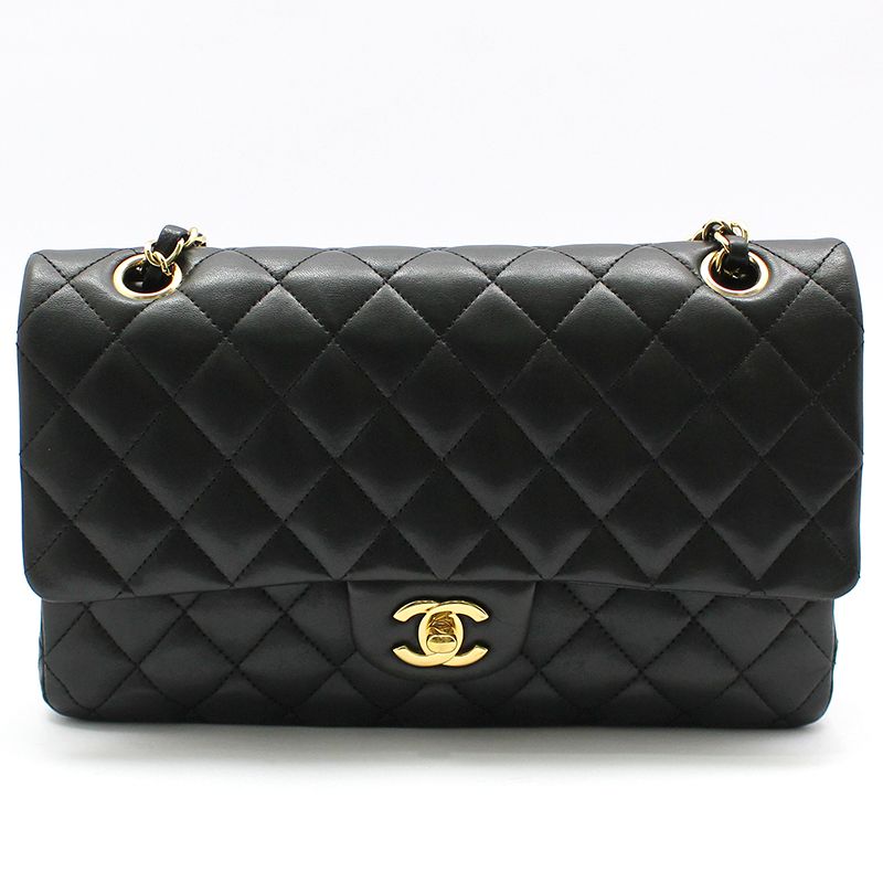 CHANEL Classic Medium Shoulder Bag Black Lambskin with Gold Trim A01112