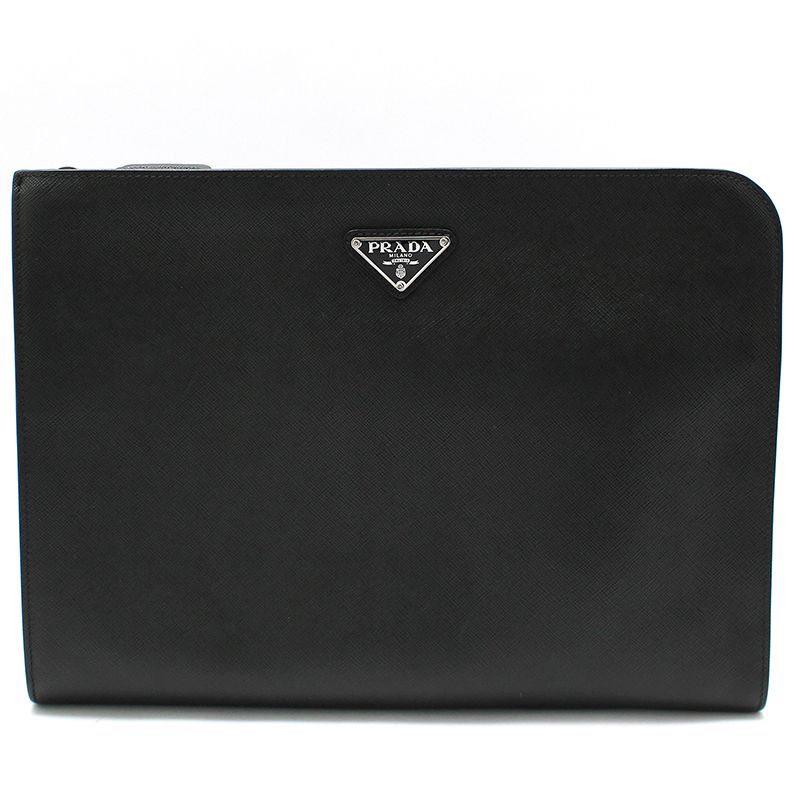 Prada Black Saffiano Triangle Logo Document Holder Clutch 2VN003