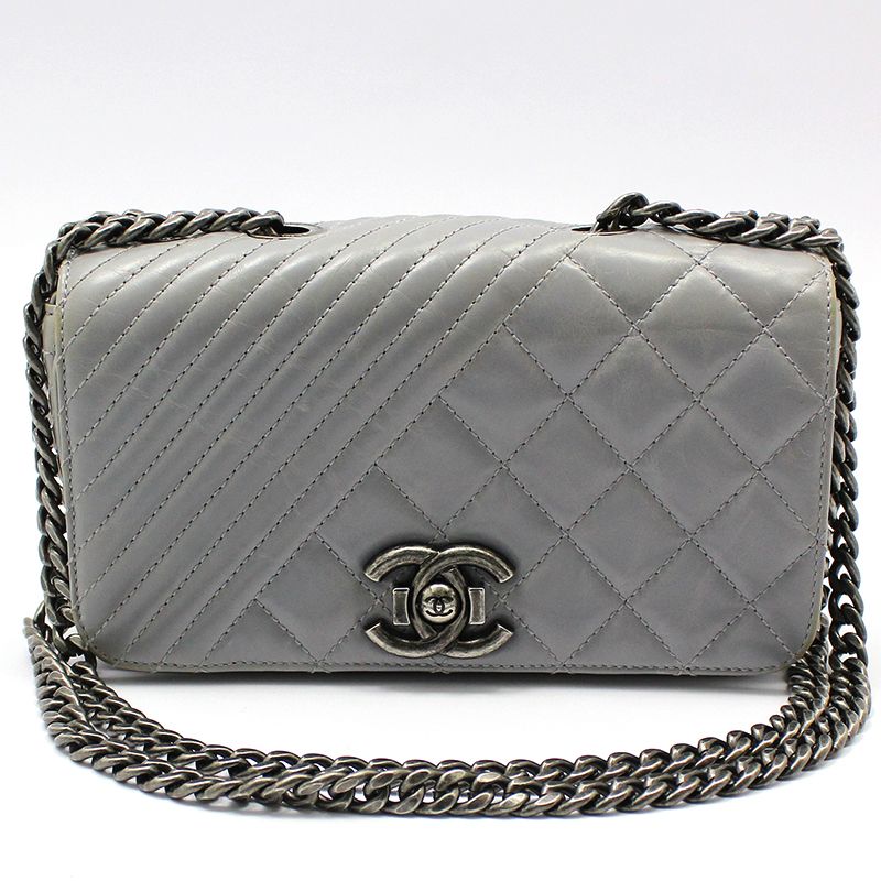 CHANEL Gray Chevron Quilted Coco Boy Small Flap Chain Crossbody Bag A92796