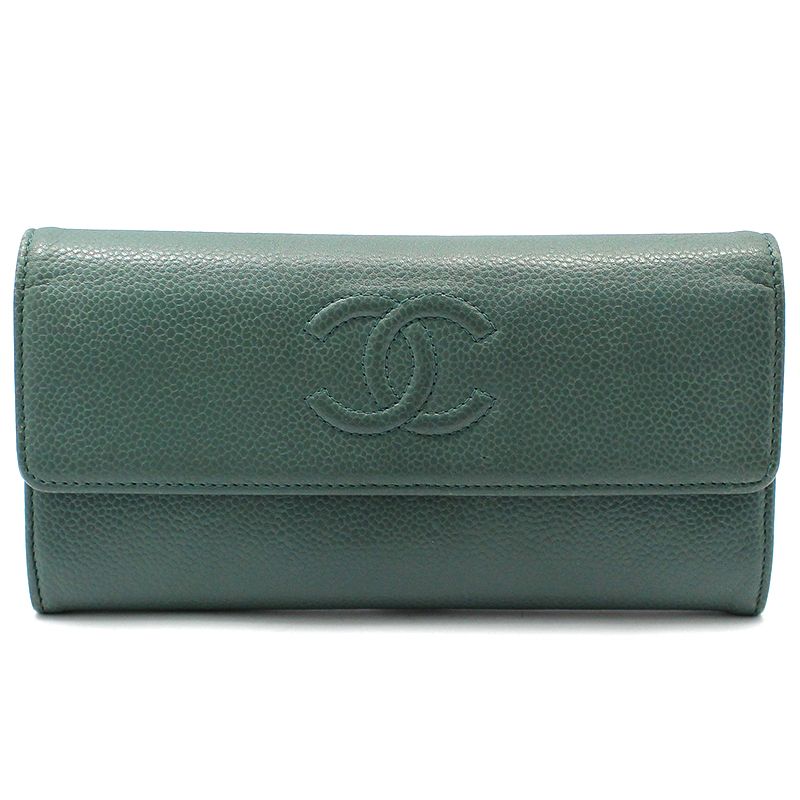 CHANEL Green Caviar Timeless CC Logo Flap Long Wallet A50070