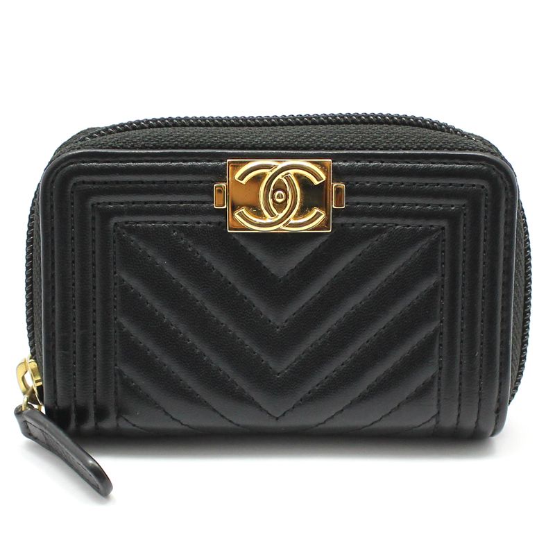 CHANEL Chevron Gold Chain Zipper Card Wallet A80602