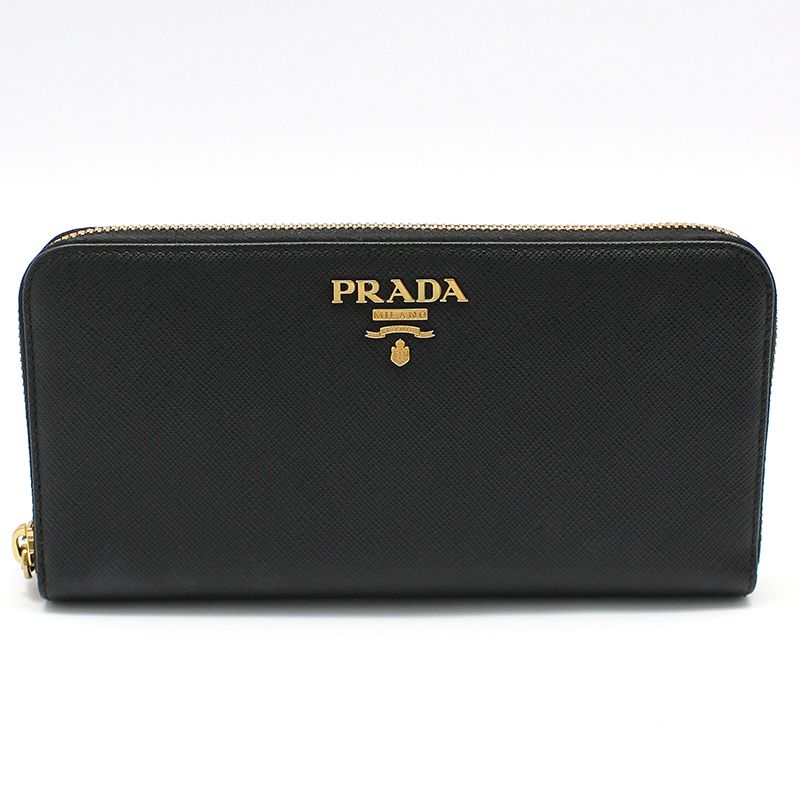 Prada Black Saffiano Gold Logo Zip Wallet 1ML506