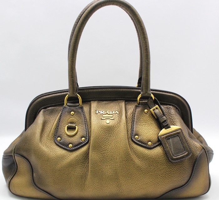 Prada Gold Bronze Metallic Leather Tote Bag BR3508