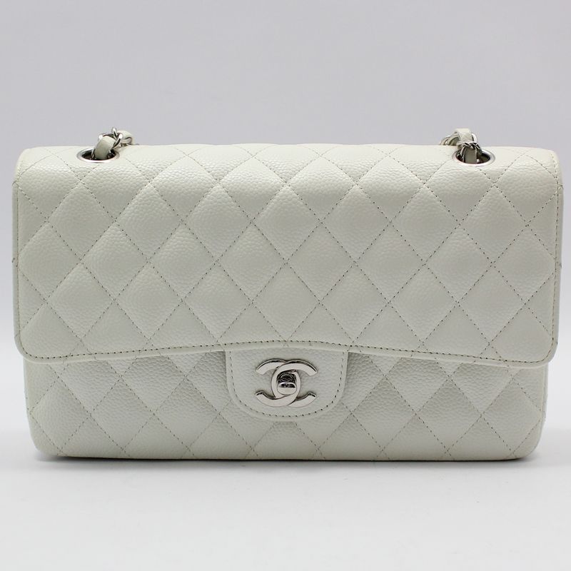 CHANEL Classic Medium Shoulder Bag with White Caviar Leather A01112