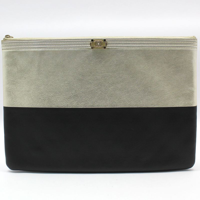 CHANEL Black Silver Two-Tone Boy Large Clutch SKU