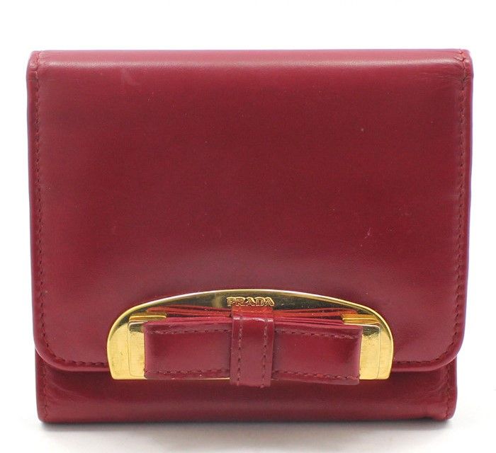 Prada Red Leather Ribbon Tri-fold Wallet M176A