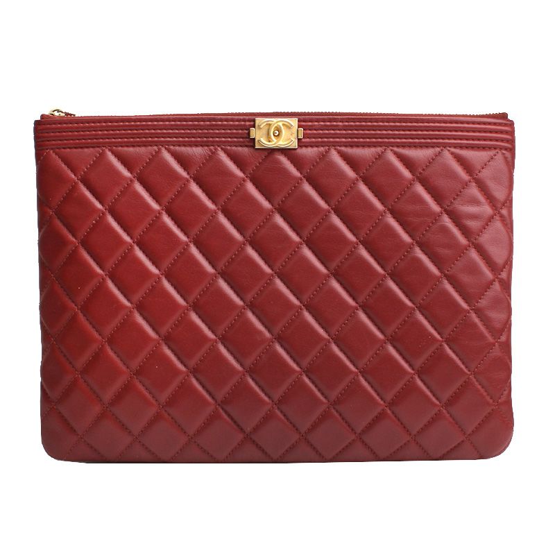CHANEL Burgundy Boy Quilting Clutch Bag Medium 24
