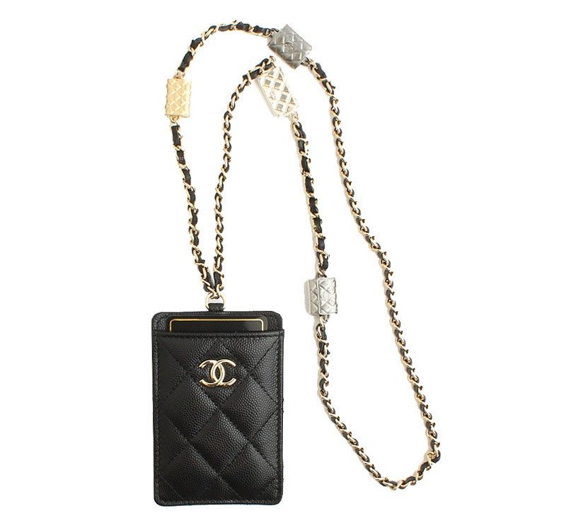 CHANEL Black Caviar Card Wallet Gold Chain Necklace 31st