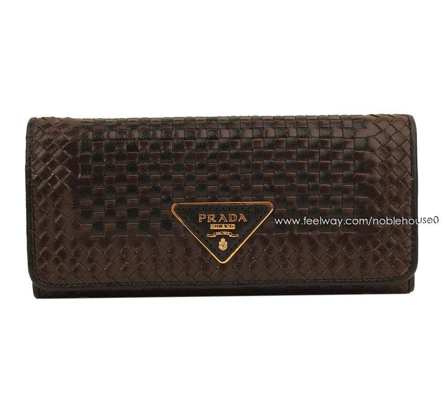 Prada Two-Tone Weaving Flap Long Wallet - Black & Dark Brown