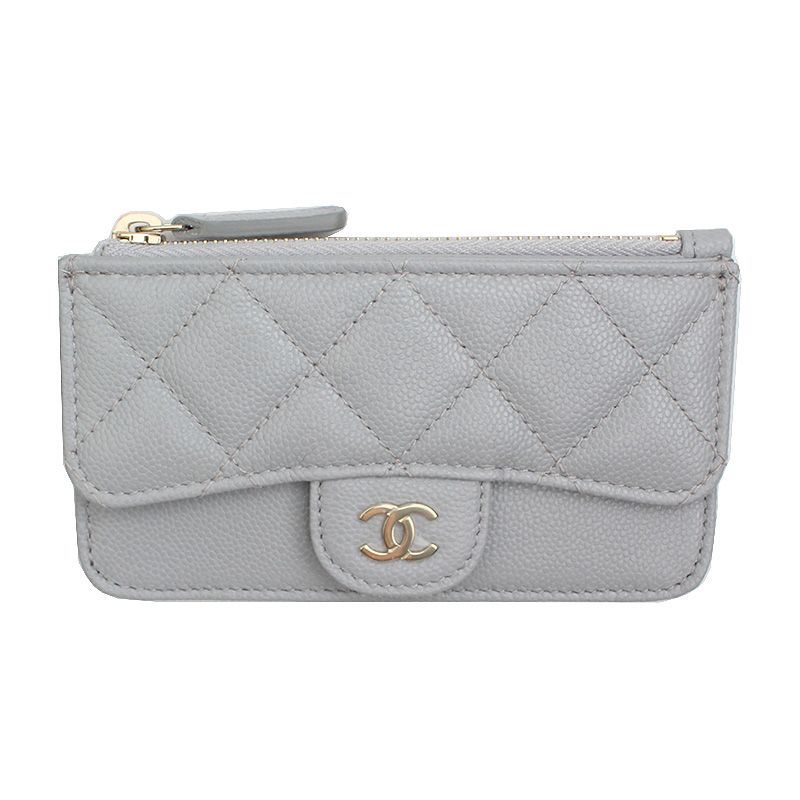 CHANEL Light Gray Soft Caviar Classic Flap Zippy Card Wallet 123456