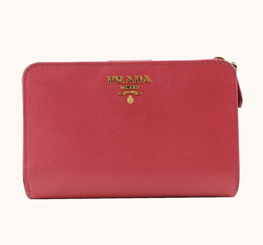 Prada Rose Pink Saffiano Gold Clutch Wallet SKU123