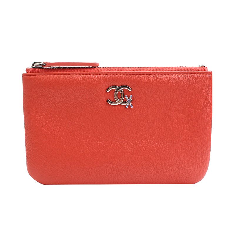 CHANEL Coral Red Leather Pouch 28