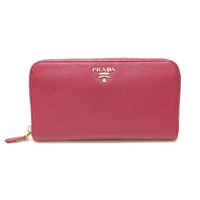 Prada Pink Saffiano Leather Zip Around Wallet with Gold Lettering - SKU: EP74279PR
