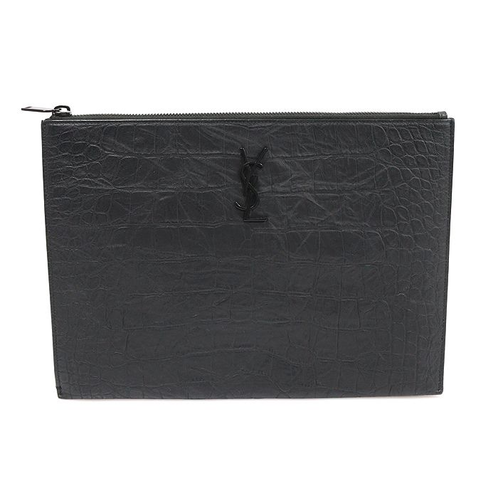 Saint Laurent Black Crocodile Pattern Matte Monogram Pouch Clutch 453249