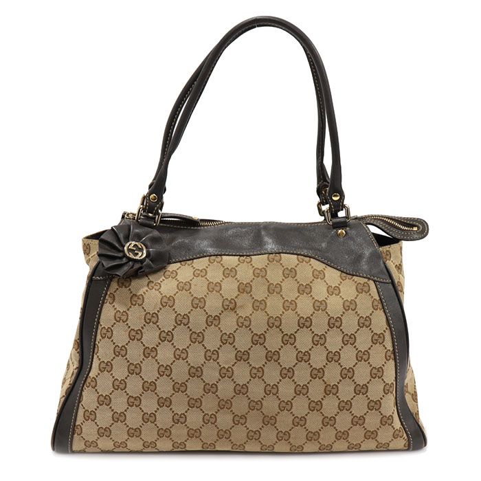 Gucci Brown Leather Trophy Tote Bag with GG Jacquard Logo 189828