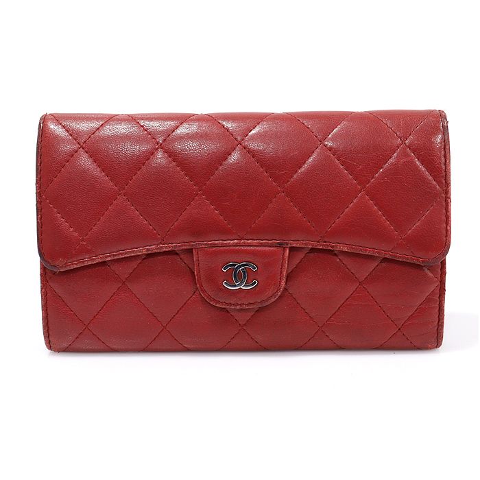 CHANEL Red Lambskin CC Logo Classic Flap Long Wallet (Size 14) A31506