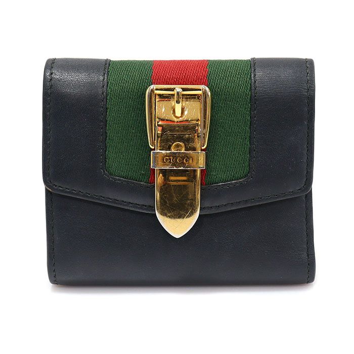 Gucci Black Leather WEB Gold Accent Card Case Wallet 476081