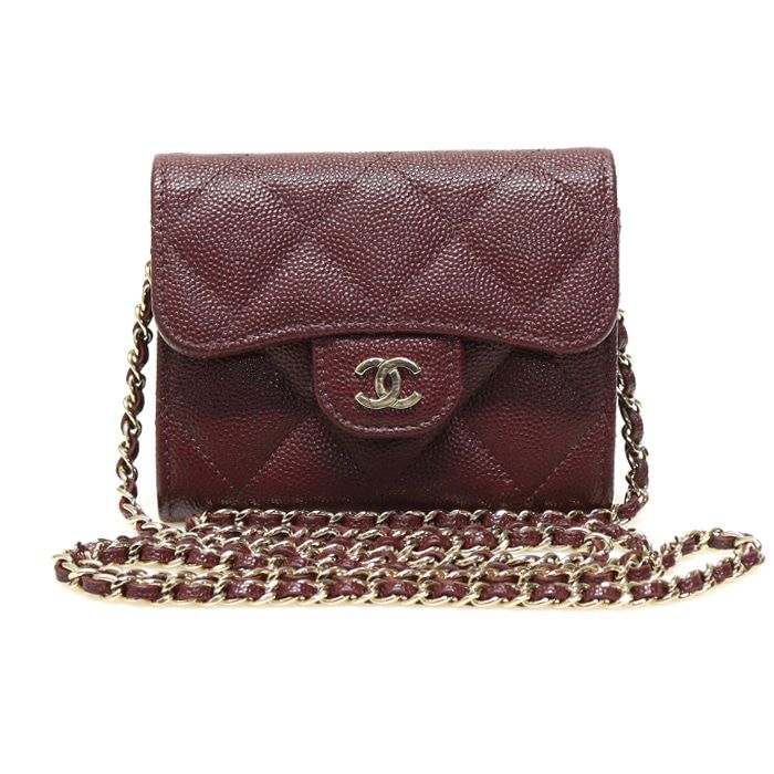 CHANEL Burgundy Caviar Gold CC Logo Classic Clutch with Chain Card Wallet Crossbody (Size 31) - AP0238