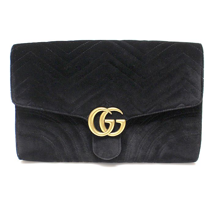 Gucci Black Velvet Matelasse Chevron GG Marmont Clutch 498079