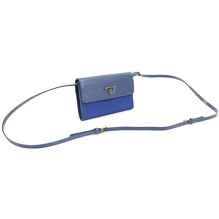 Prada Blue Tesuto Vitello Move Gold Triangle Wallet Crossbody Bag 1MT437