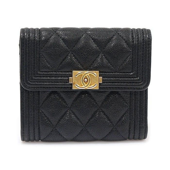 CHANEL Black Caviar Gold Boy Wallet (Size 26) A80734
