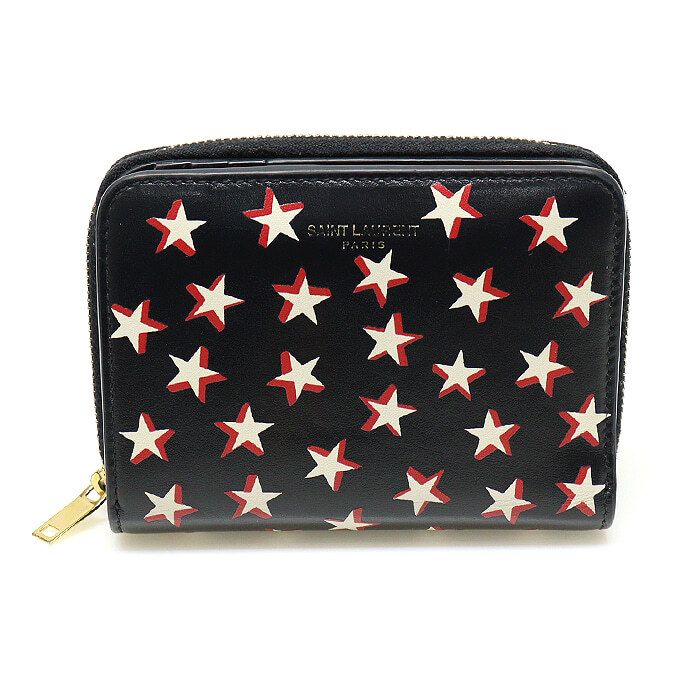 Saint Laurent Black Leather Star Printing Zipper Compact Wallet 562796